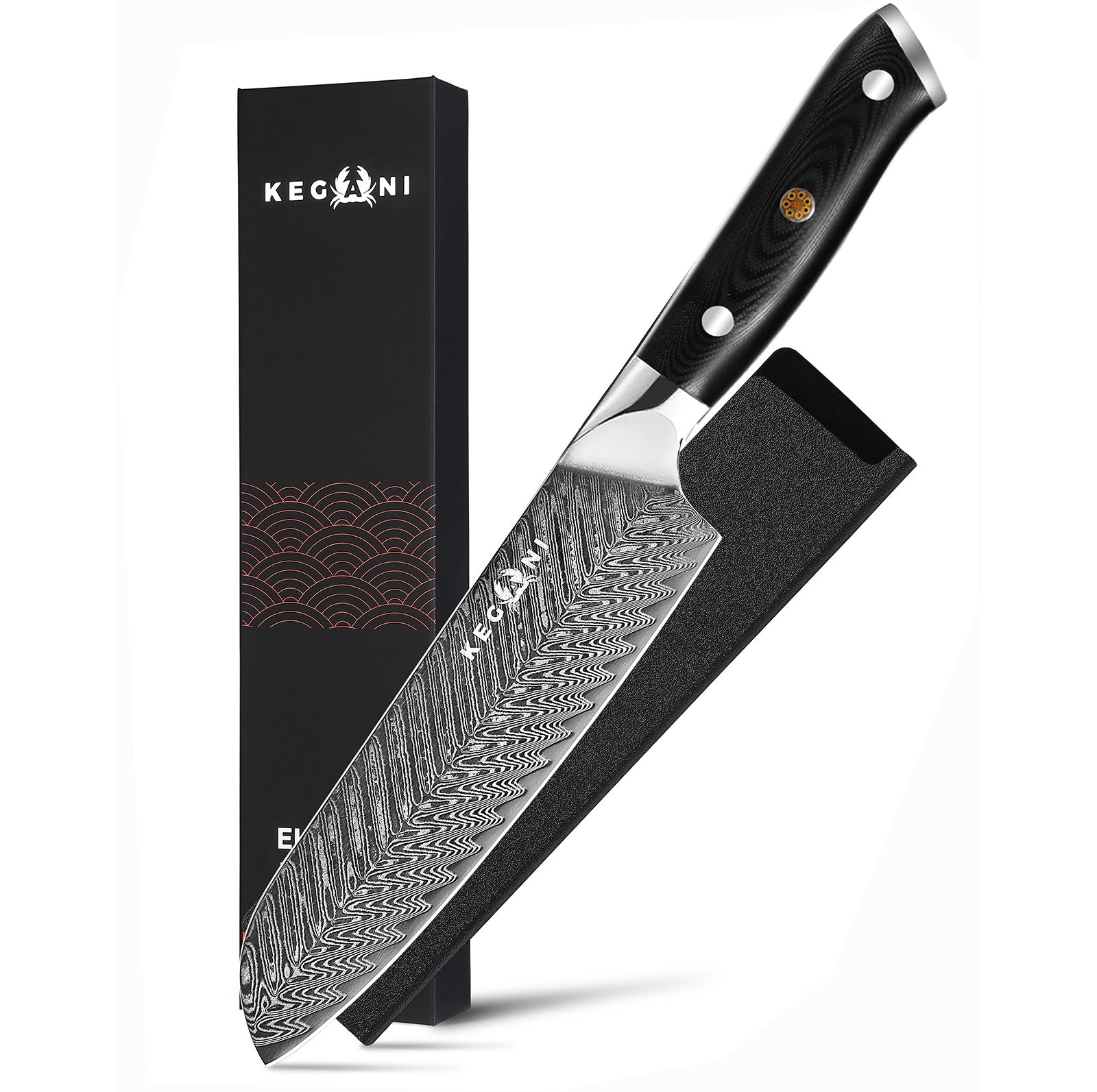 Kegani Santoku Knife 7 Inch Japanese Santoku Knife, 73 Layers AUS-10 Damascus Japanese Knife, FullTang G10 Handle Damascus Santoku Knife With Case & Sheath