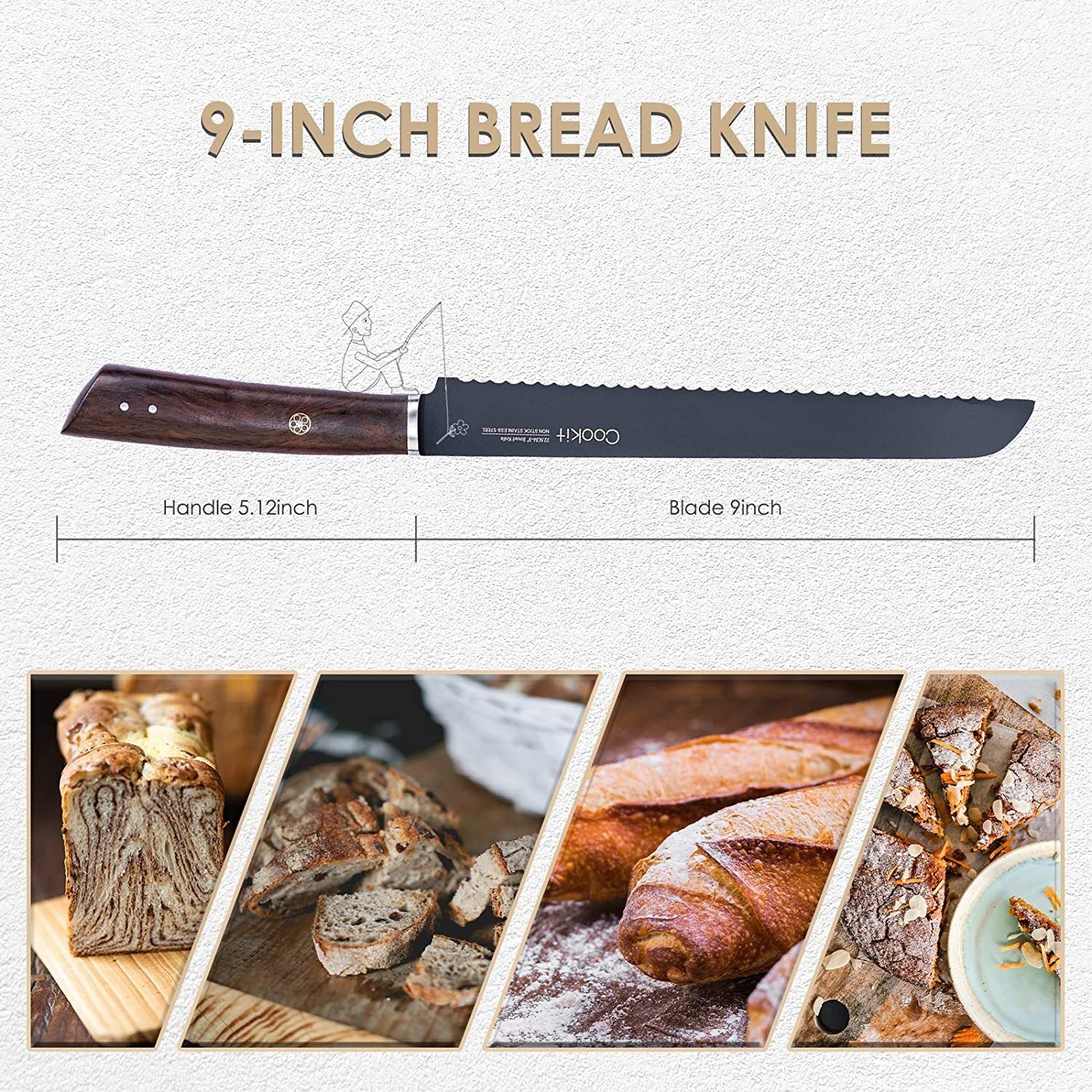 9 - Inch Serrated Bread Knife – Non - Stick Stainless Steel with Ergonomic Monzo Wood Handle - Gleaming House