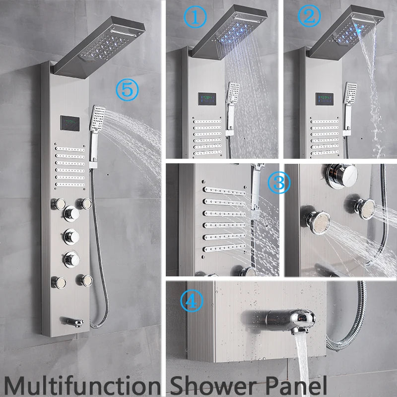 Brushed Nickel LED Shower Panel with Temperature Display