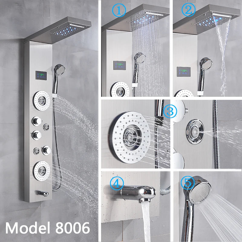 Brushed Nickel LED Shower Panel with Temperature Display