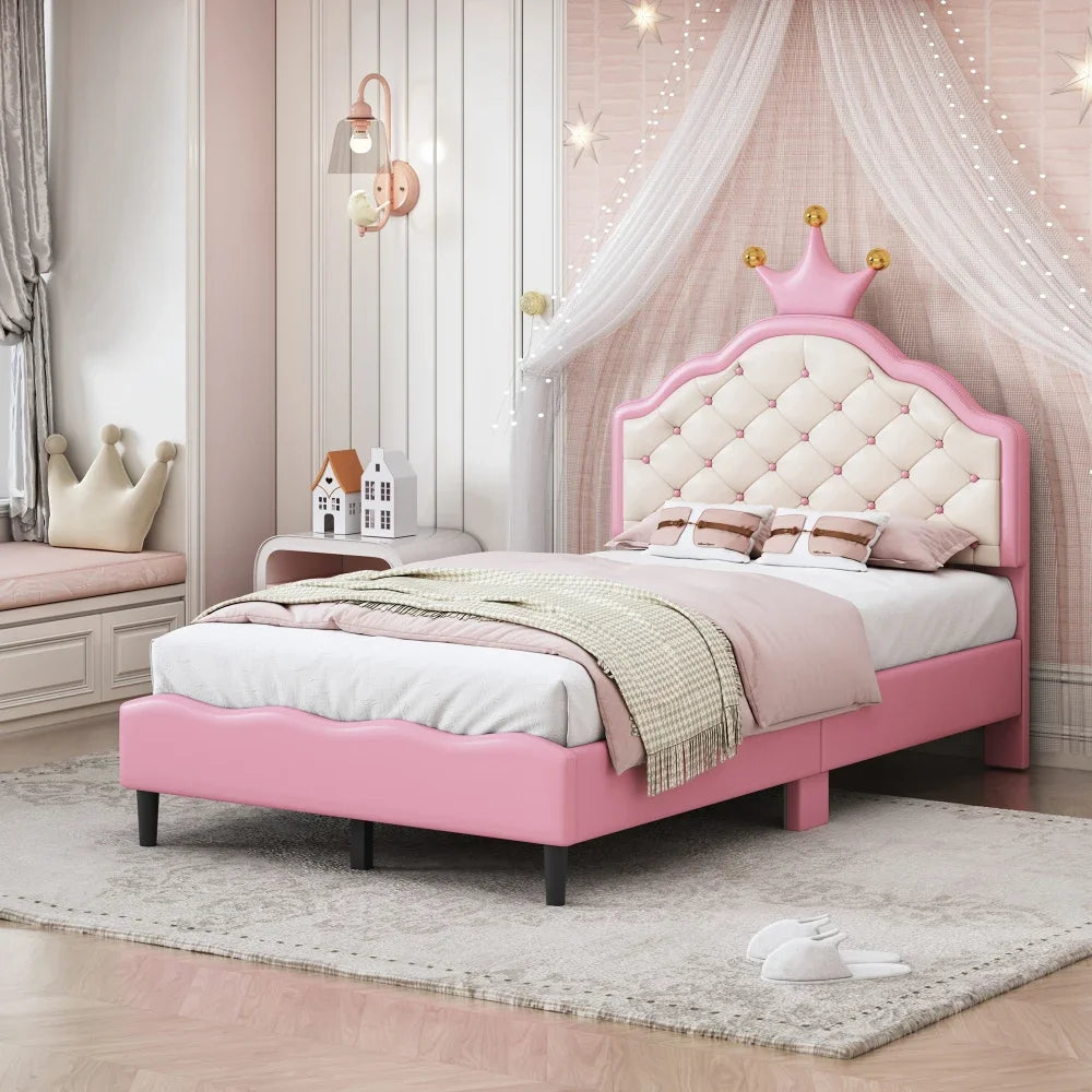 Dreamy Crown-Shaped Twin Bed with Velvet Upholstery - Pink