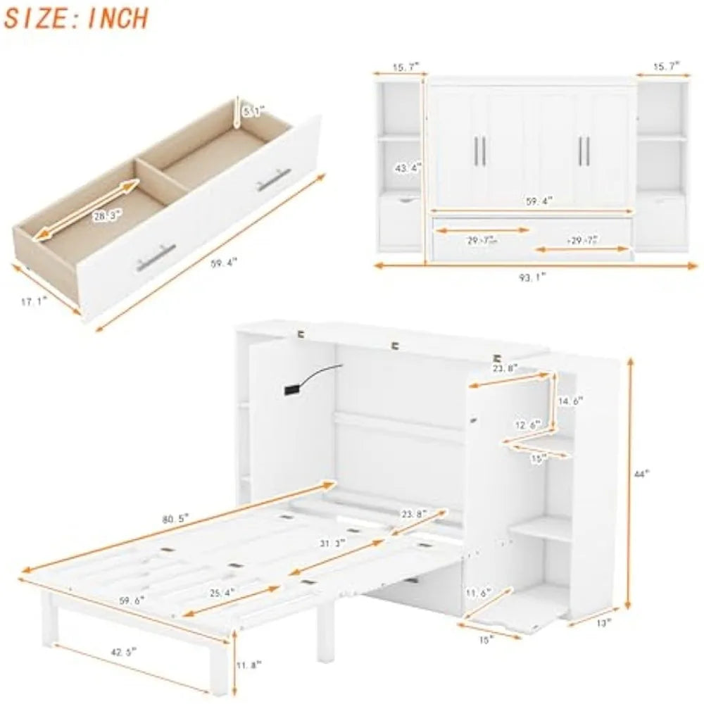 Murphy Bed with Built-in USB Ports, Shelves, and Storage Drawers - Queen Size, White Finish