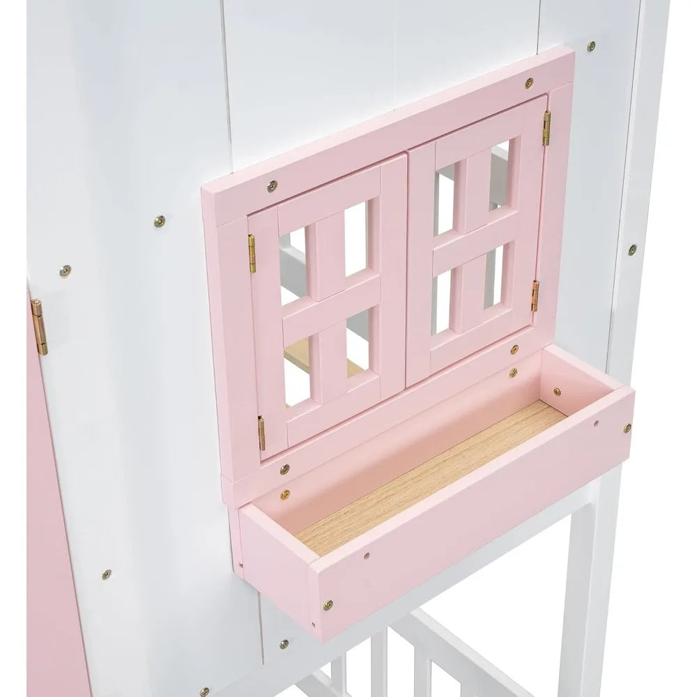 Kid's Wood House Roof Bunk Bed with Slide Ladder and Windows - Twin over Twin, Pink and White