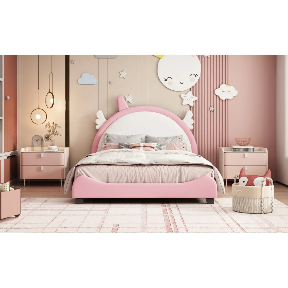 Modern Pink Velvet Platform Bed with Unicorn-Shaped Headboard and Storage Space