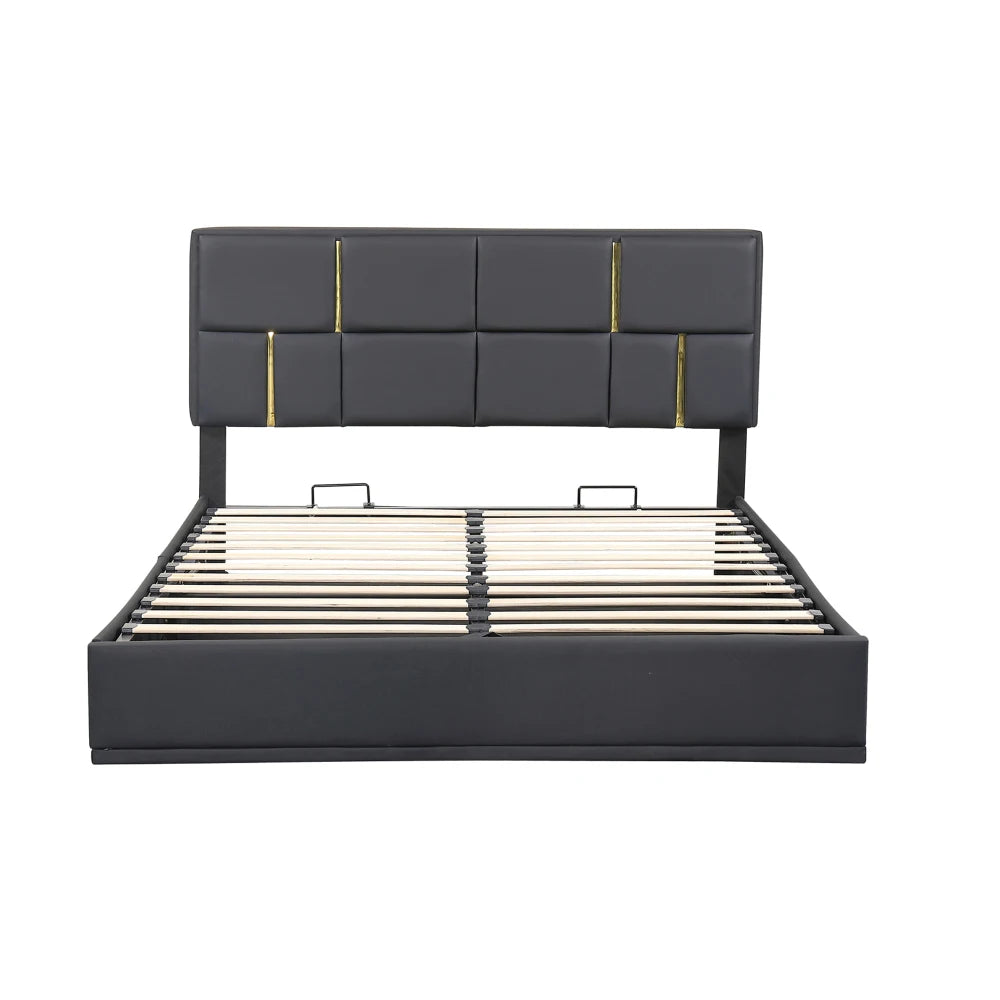 Modern Beige Velvet Platform Bed with Gold Accents and Hydraulic Storage Ottoman