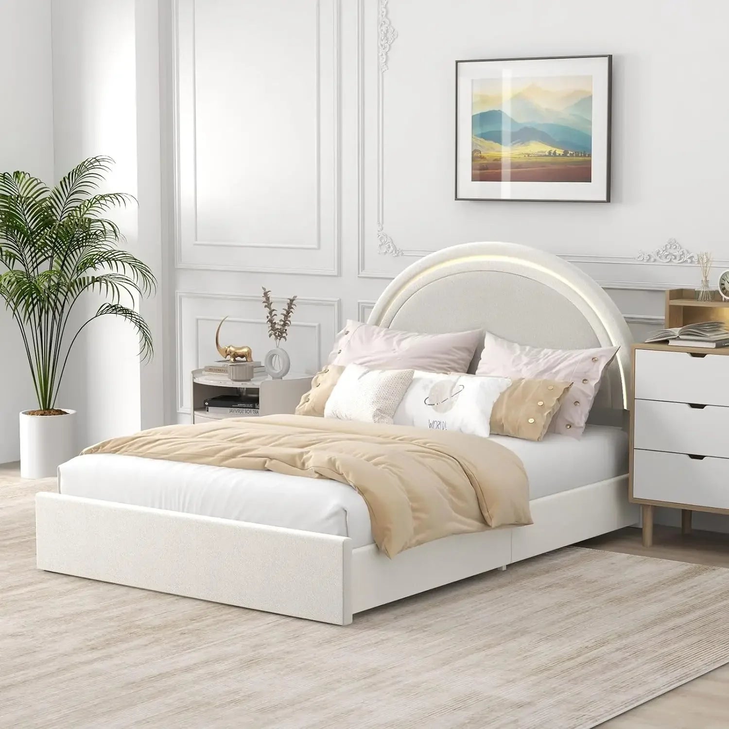 Luxurious Velvet Bed Frame with Round Headboard, Storage Drawers, and Integrated LED Lighting – Elegant and Functional Bedroom Upgrade