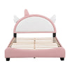 Modern Pink Velvet Platform Bed with Unicorn-Shaped Headboard and Storage Space