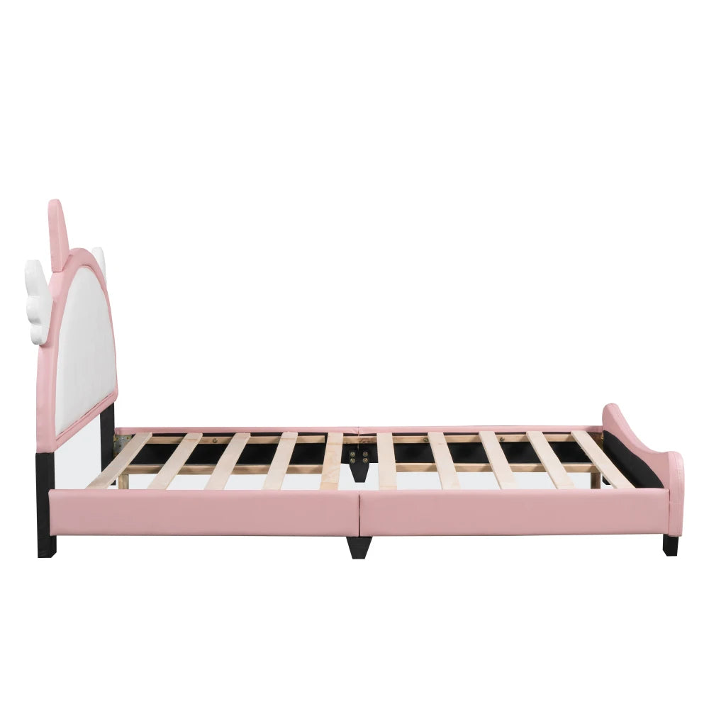 Modern Pink Velvet Platform Bed with Unicorn-Shaped Headboard and Storage Space