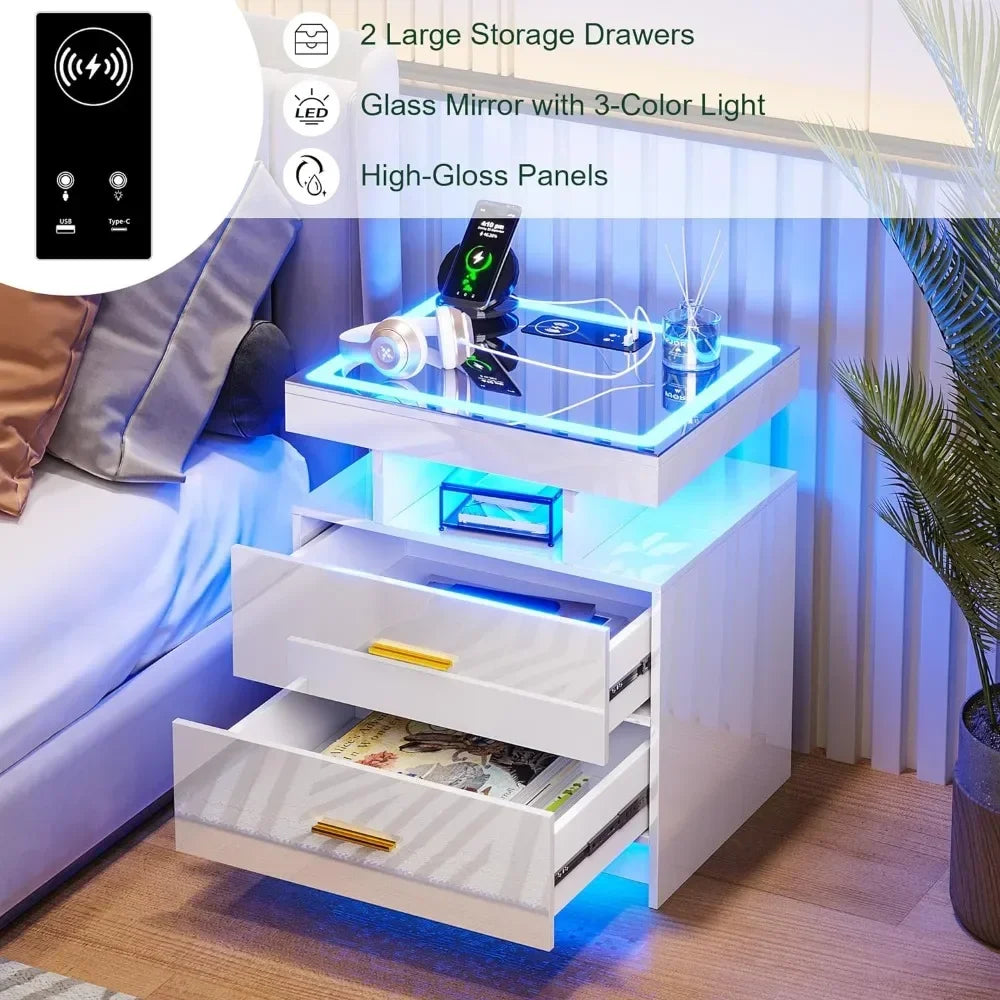 Modern Nightstand with RGB Glass Top and Wireless Charging