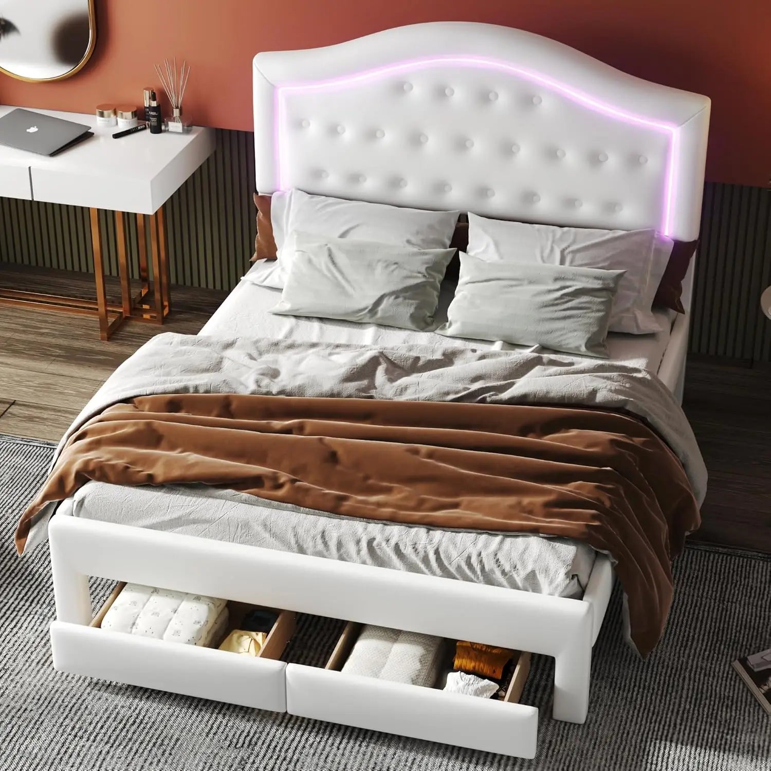 Modern Leather Bed with Tufted Headboard and LED Lighting