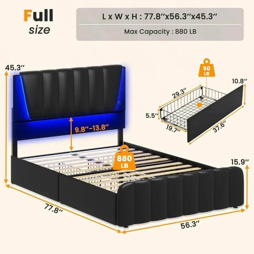 Modern Velvet Bed Frame with Storage and LED Headboard