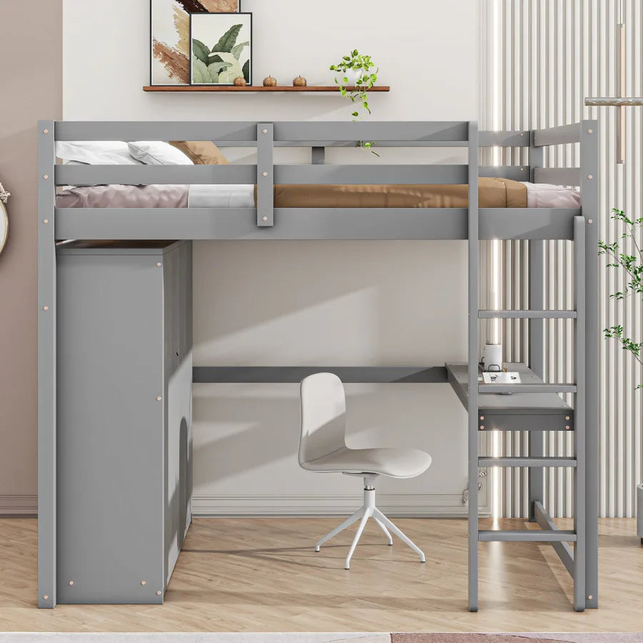 Wood Full Size Loft Bed with Built-in Wardrobe, Desk, Storage Shelves and Drawers - White, Modern Minimalist Design