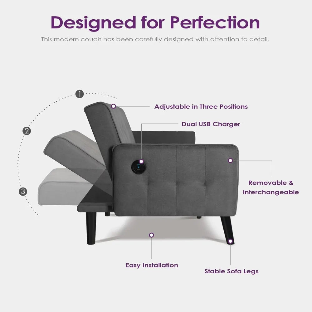 Convertible Loveseat Sofa Bed with Adjustable Backrest and USB Ports