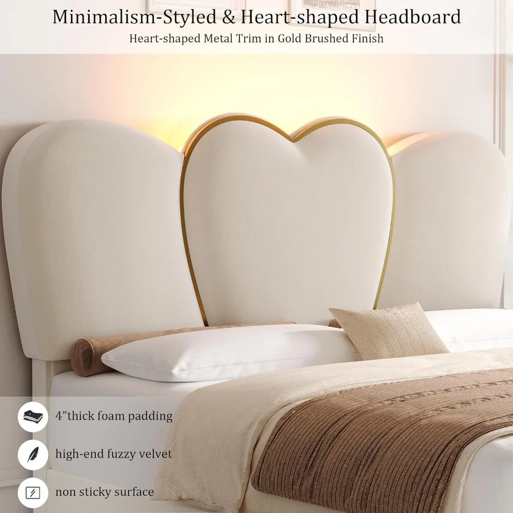 Modern Beige Bed Frame with Heart-Shaped Headboard and LED Lights