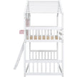 Kid's Wood House Roof Bunk Bed with Slide Ladder and Windows - Twin over Twin, Pink and White