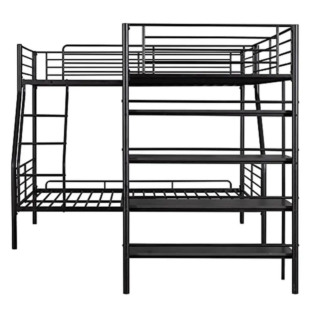 Space-Saving Triple Bunk Bed with Storage Shelves and L-Shaped Design