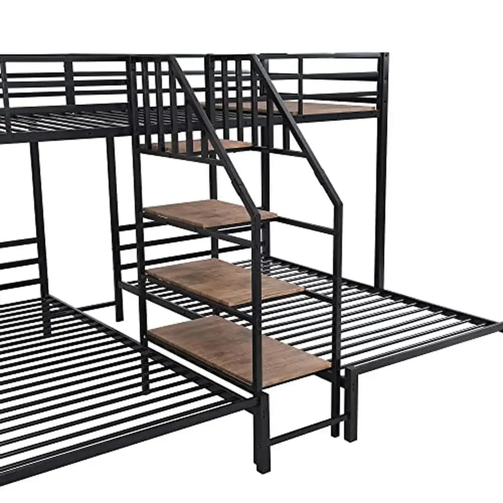 Versatile Metal Bunk Bed with Shelves and Sturdy Frame - Twin/Twin - Black