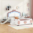 Full Size Seashell-Shaped Upholstered Bed Frame with LED Lights and Children's Slide - Pink & White