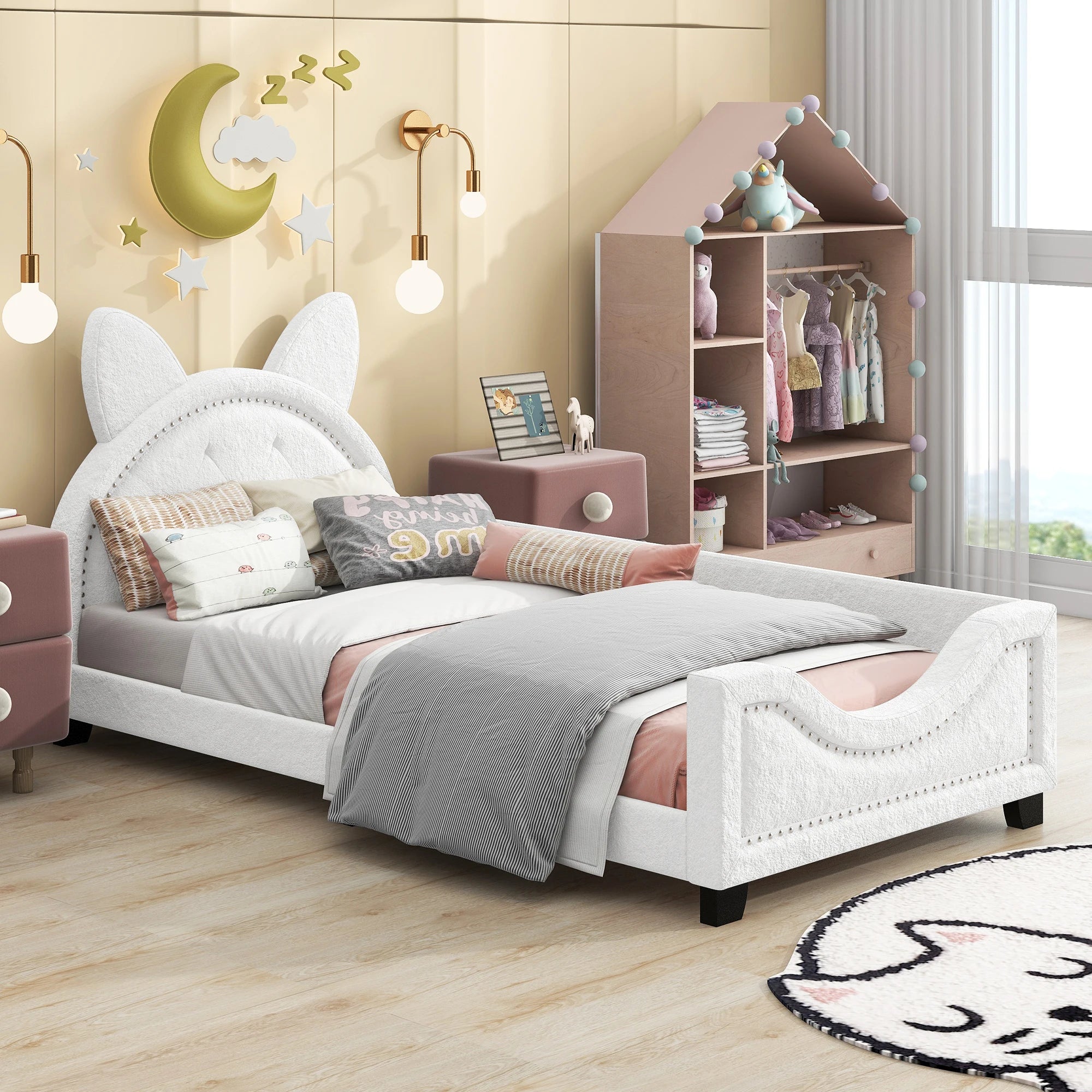 Twin Size PU & Upholstered Daybed with Carton Ears Shaped Headboard in Pink/White