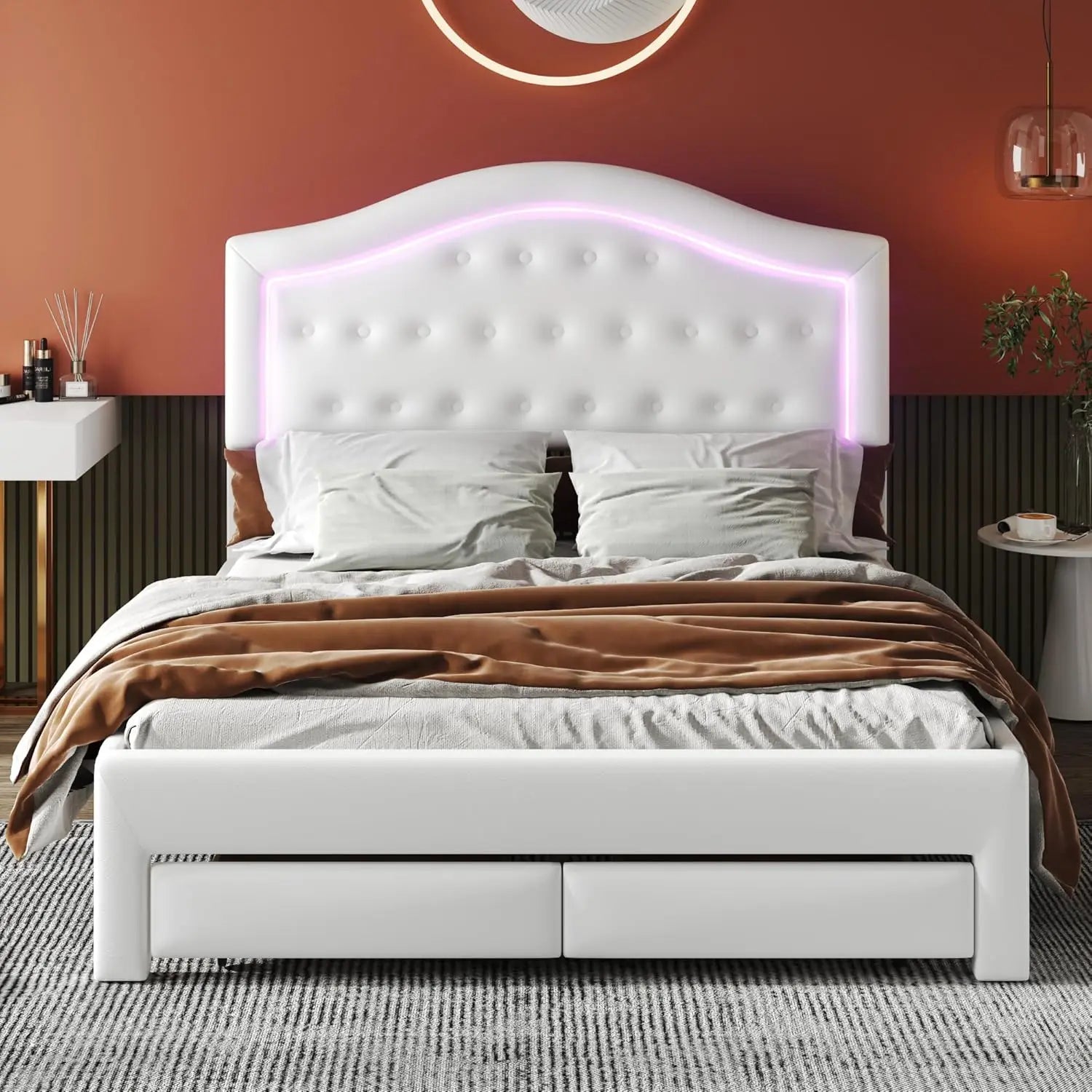 Modern Leather Bed with Tufted Headboard and LED Lighting