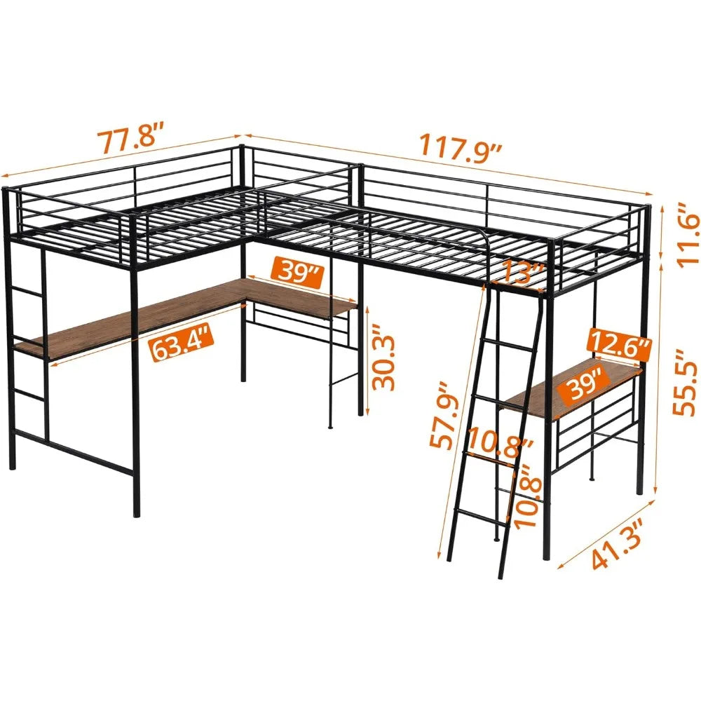 Maximize Space and Functionality: L-Shaped Metal Loft Bed with Built-in Desks for Two