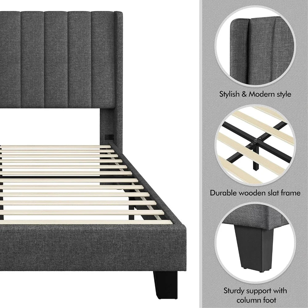 Queen Upholstered Platform Bed with Wing Design