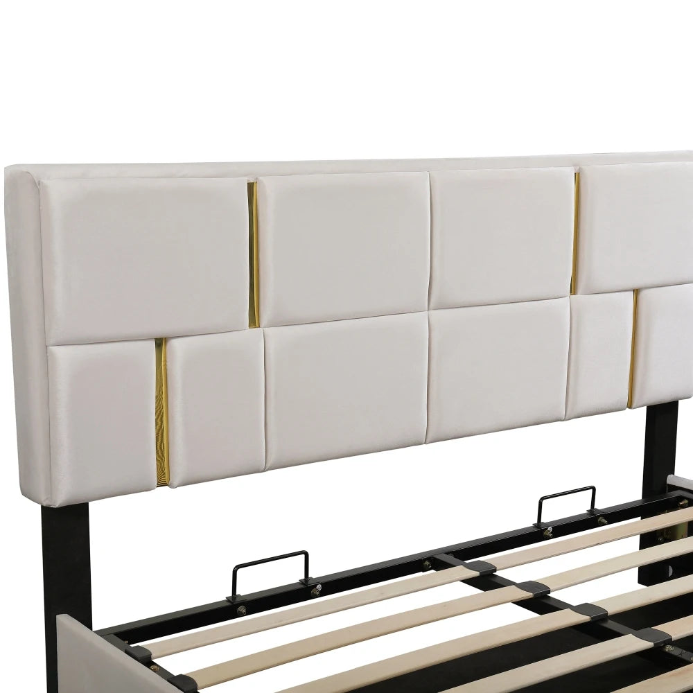 Modern Beige Velvet Platform Bed with Gold Accents and Hydraulic Storage Ottoman