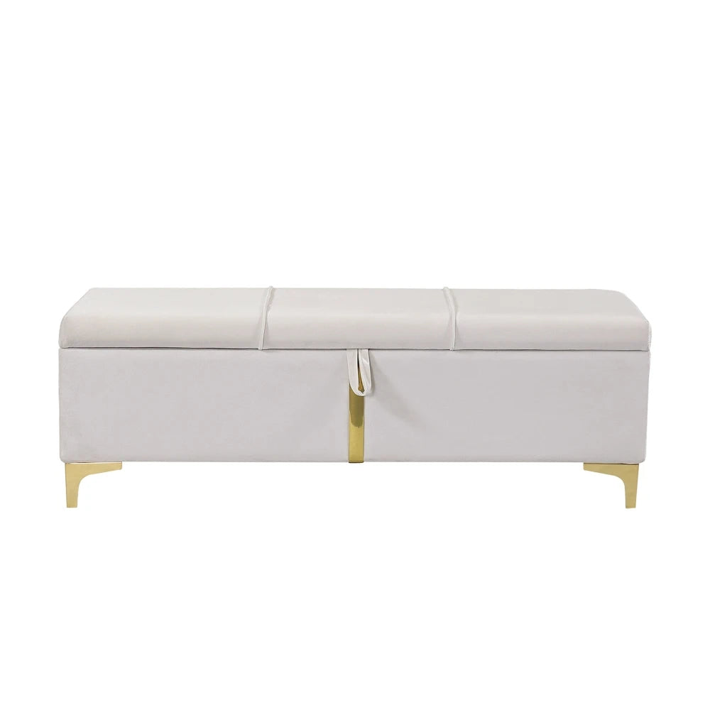 Modern Beige Velvet Platform Bed with Gold Accents and Hydraulic Storage Ottoman