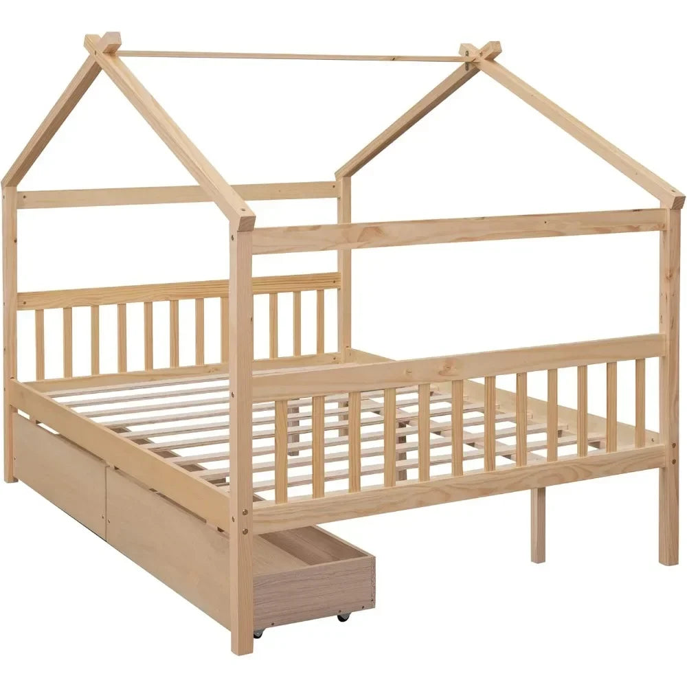 Full Size House Bed with Twin Trundleed for Girls & Boys (Full, Natural)