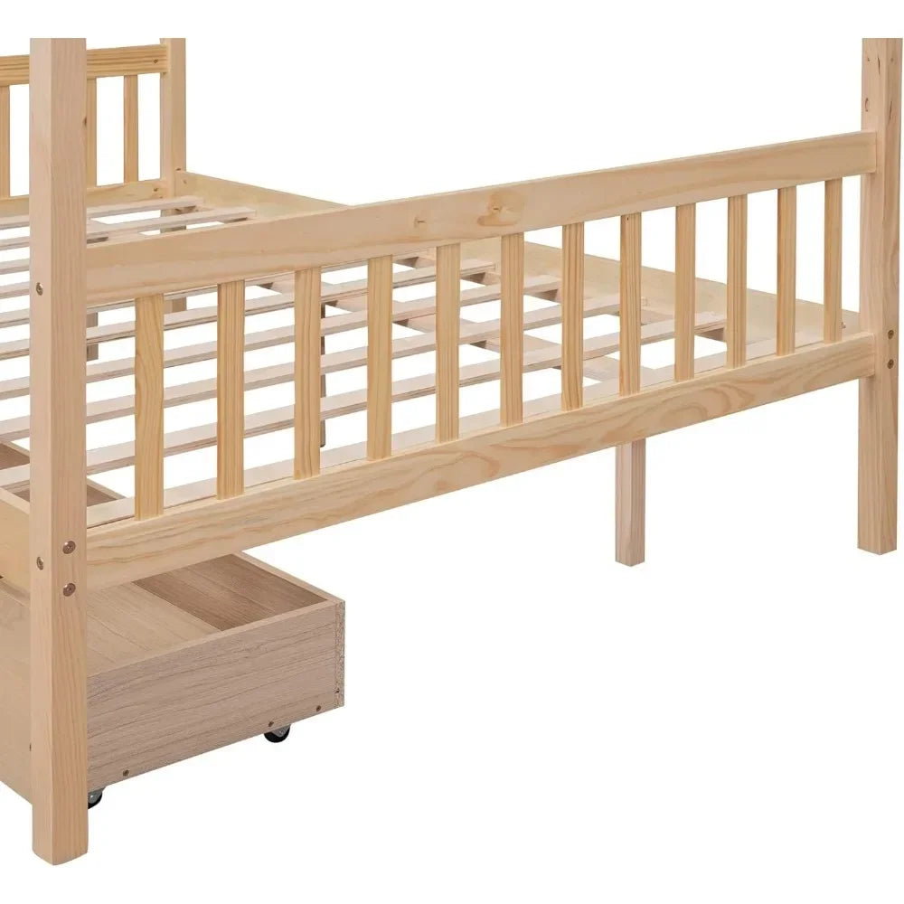 Full Size House Bed with Twin Trundleed for Girls & Boys (Full, Natural)