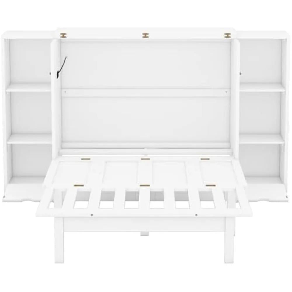 Murphy Bed with Built-in USB Ports, Shelves, and Storage Drawers - Queen Size, White Finish