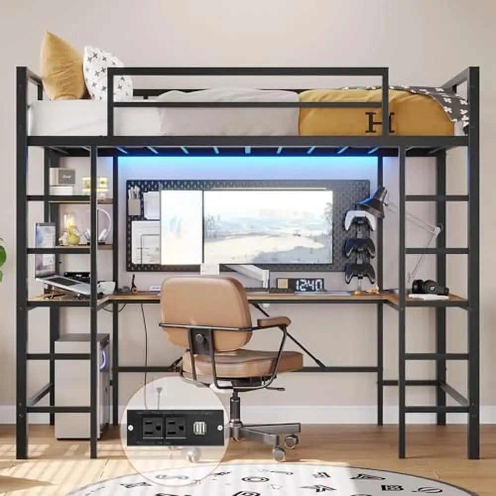 Twin Size Loft Bed with Study Desk and LED Lights