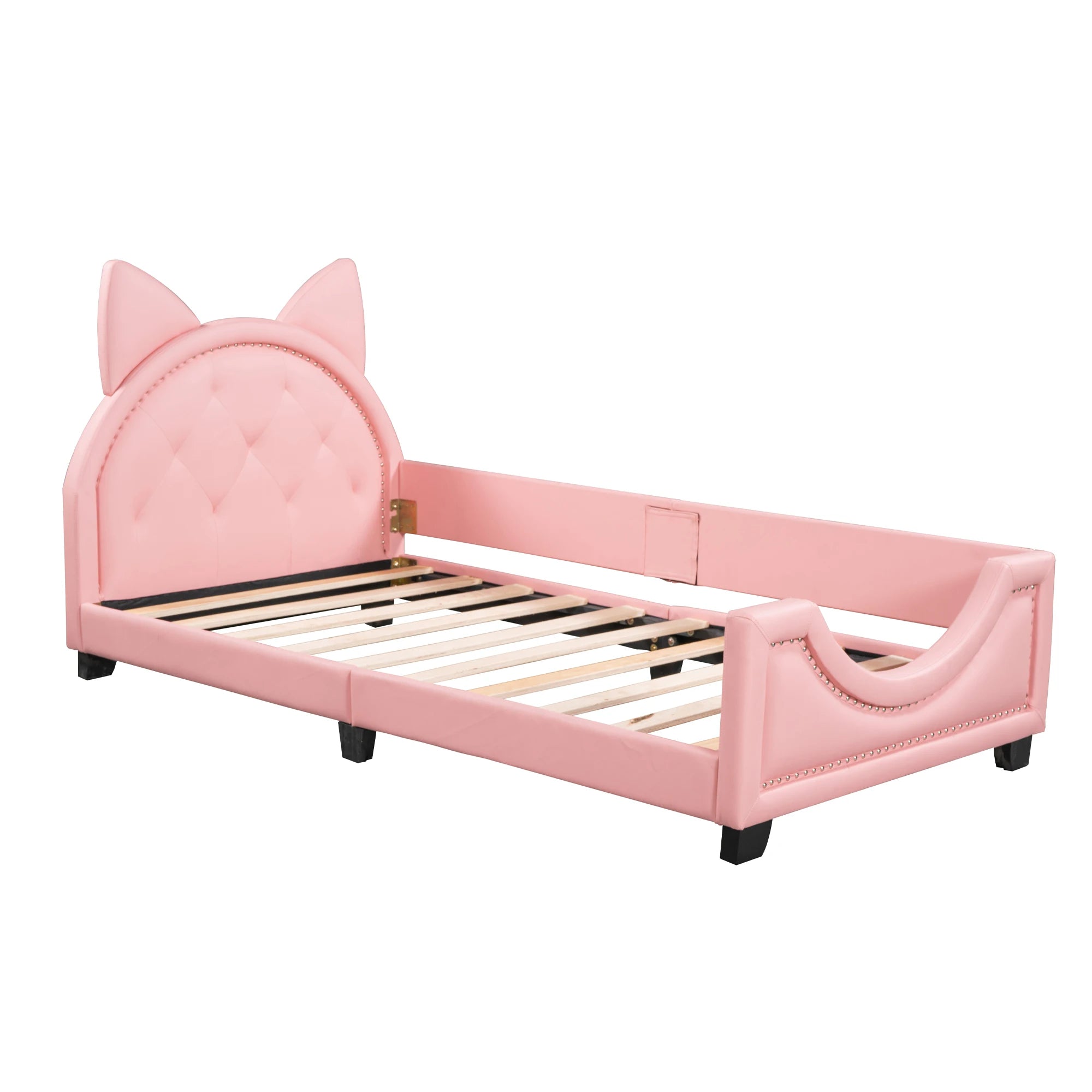 Twin Size PU & Upholstered Daybed with Carton Ears Shaped Headboard in Pink/White