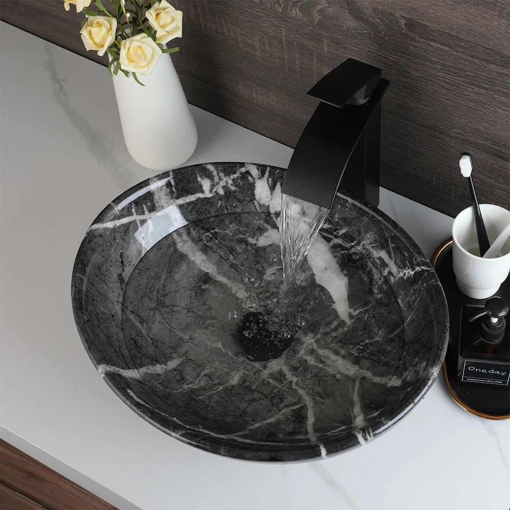 Contemporary Round Ceramic Vessel Sink with Antique Brass Waterfall Faucet & Pop-Up Drain