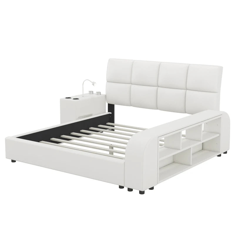 Luxurious Comfort and Entertainment: Queen Size Upholstered Platform Bed with Multimedia Nightstand and Storage Shelves