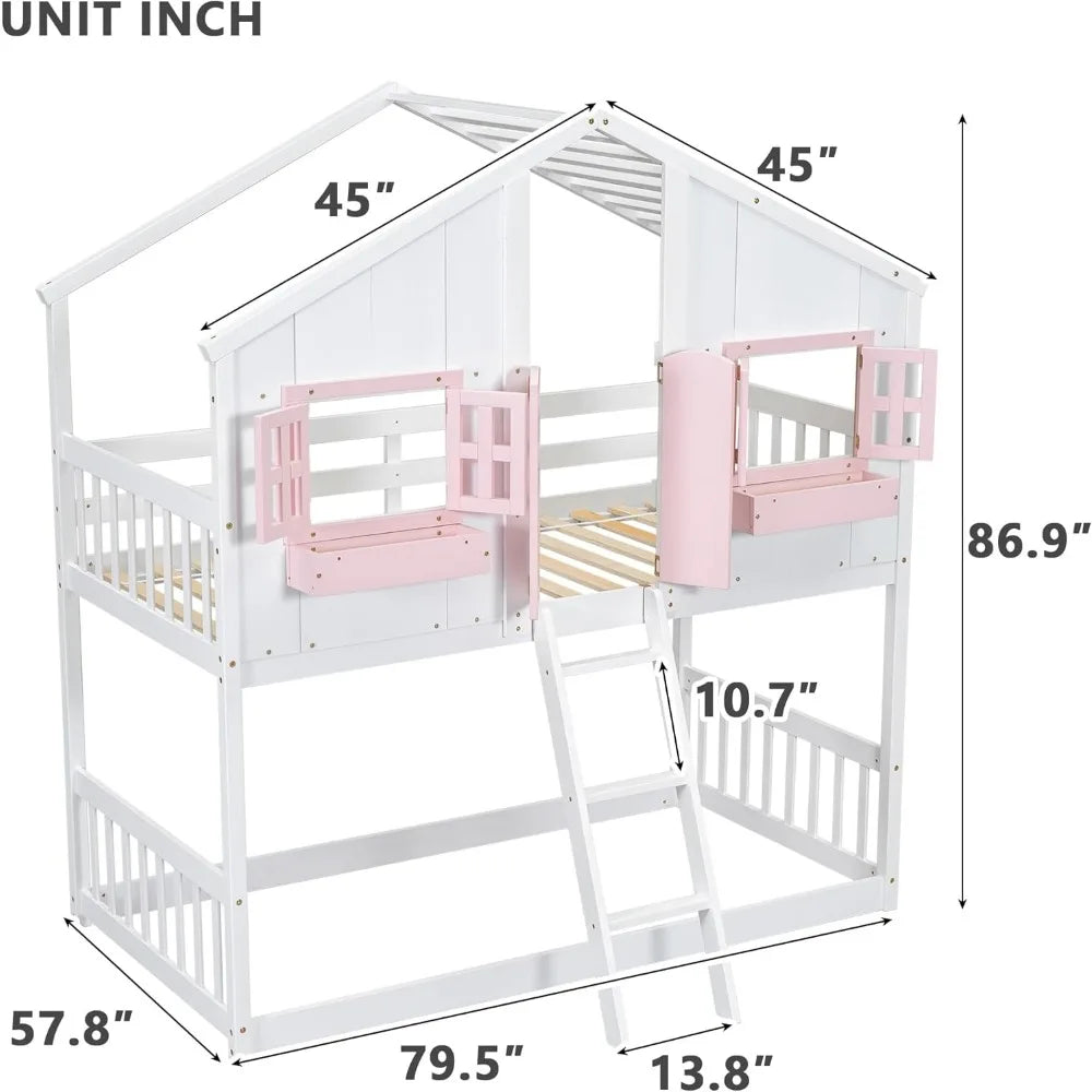 Kid's Wood House Roof Bunk Bed with Slide Ladder and Windows - Twin over Twin, Pink and White