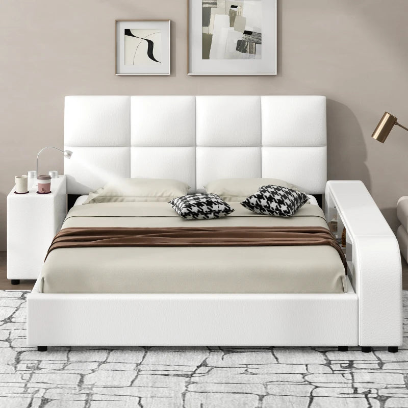 Luxurious Comfort and Entertainment: Queen Size Upholstered Platform Bed with Multimedia Nightstand and Storage Shelves