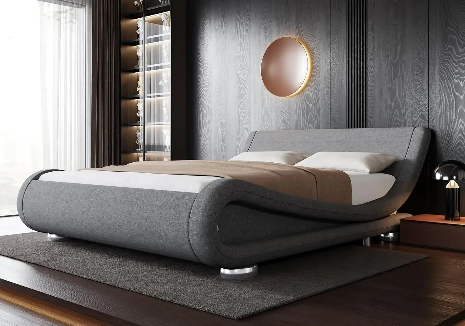 Stylish PU Leather Bed Frame with Sleigh Design