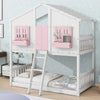 Kid's Wood House Roof Bunk Bed with Slide Ladder and Windows - Twin over Twin, Pink and White