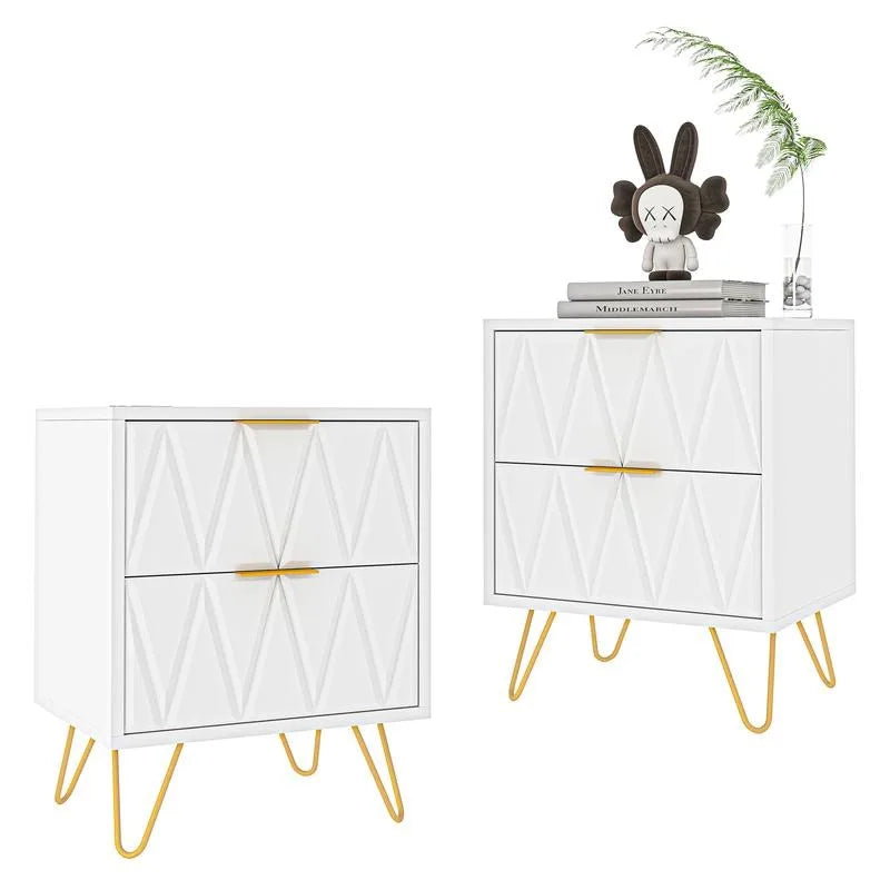 Modern Bedside Table with 2 Drawers & Gold Metal Legs