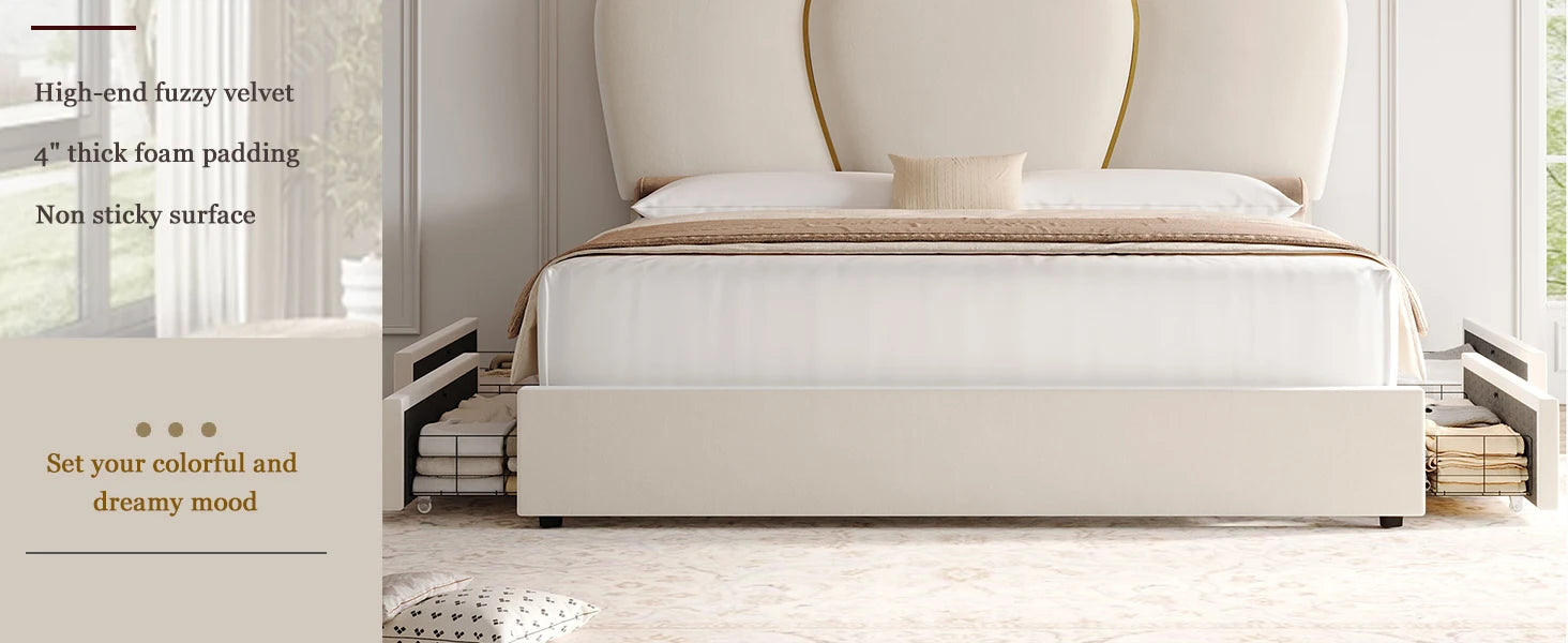 Modern Beige Bed Frame with Heart-Shaped Headboard and LED Lights