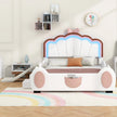 Full Size Seashell-Shaped Upholstered Bed Frame with LED Lights and Children's Slide - Pink & White