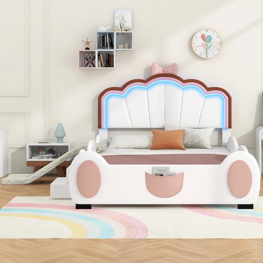 Full Size Seashell-Shaped Upholstered Bed Frame with LED Lights and Children's Slide - Pink & White