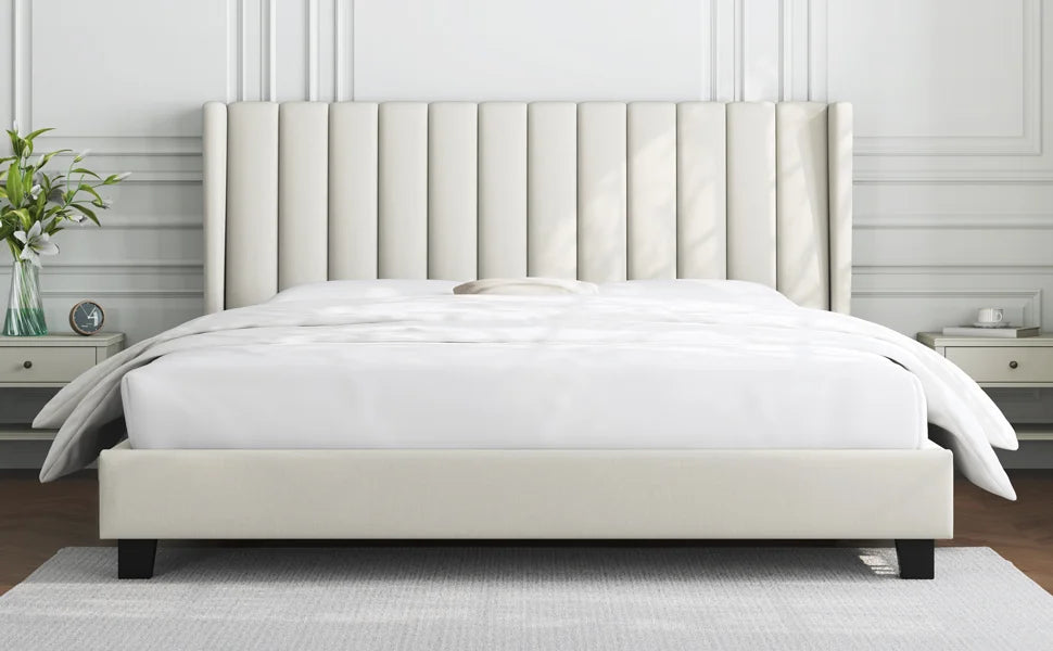 Queen Upholstered Platform Bed with Wing Design