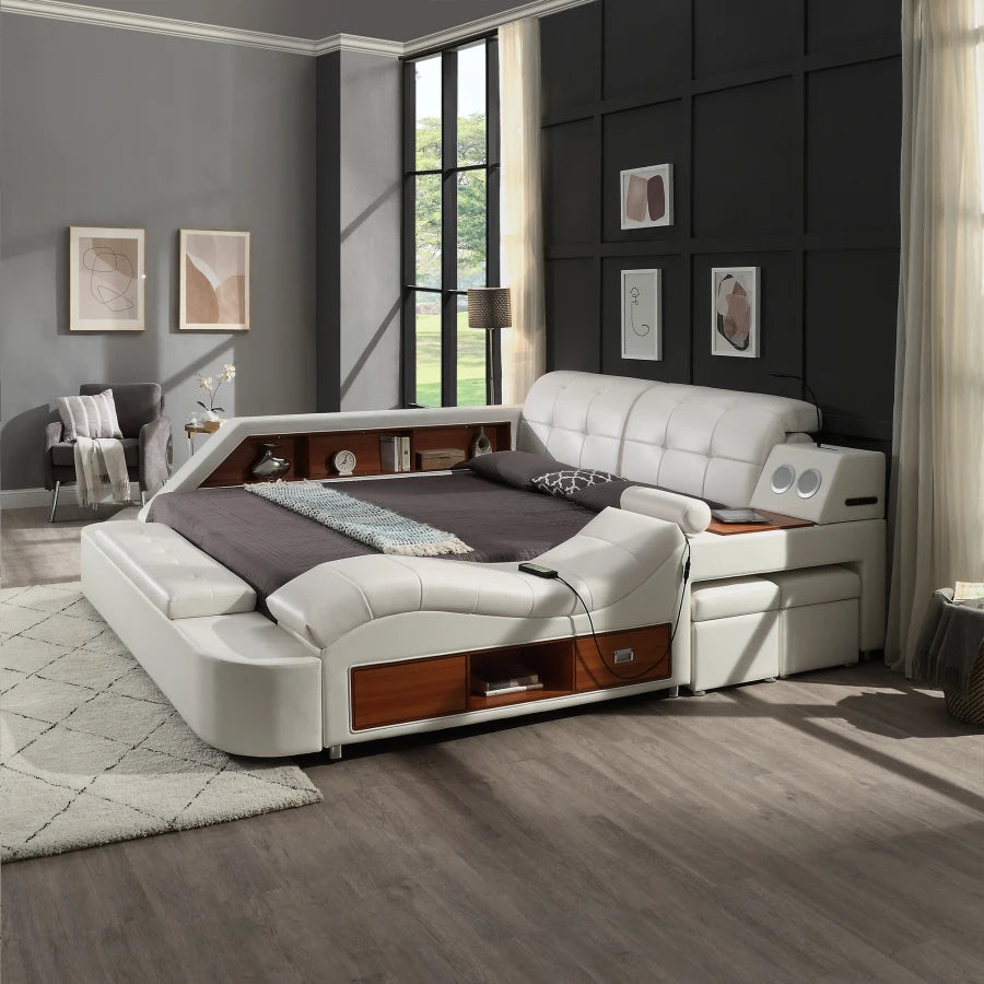 Modern Multi-functional Bed with Storage, Bluetooth Speakers, and Massage Chair