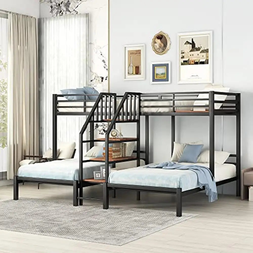 Versatile Metal Bunk Bed with Shelves and Sturdy Frame - Twin/Twin - Black