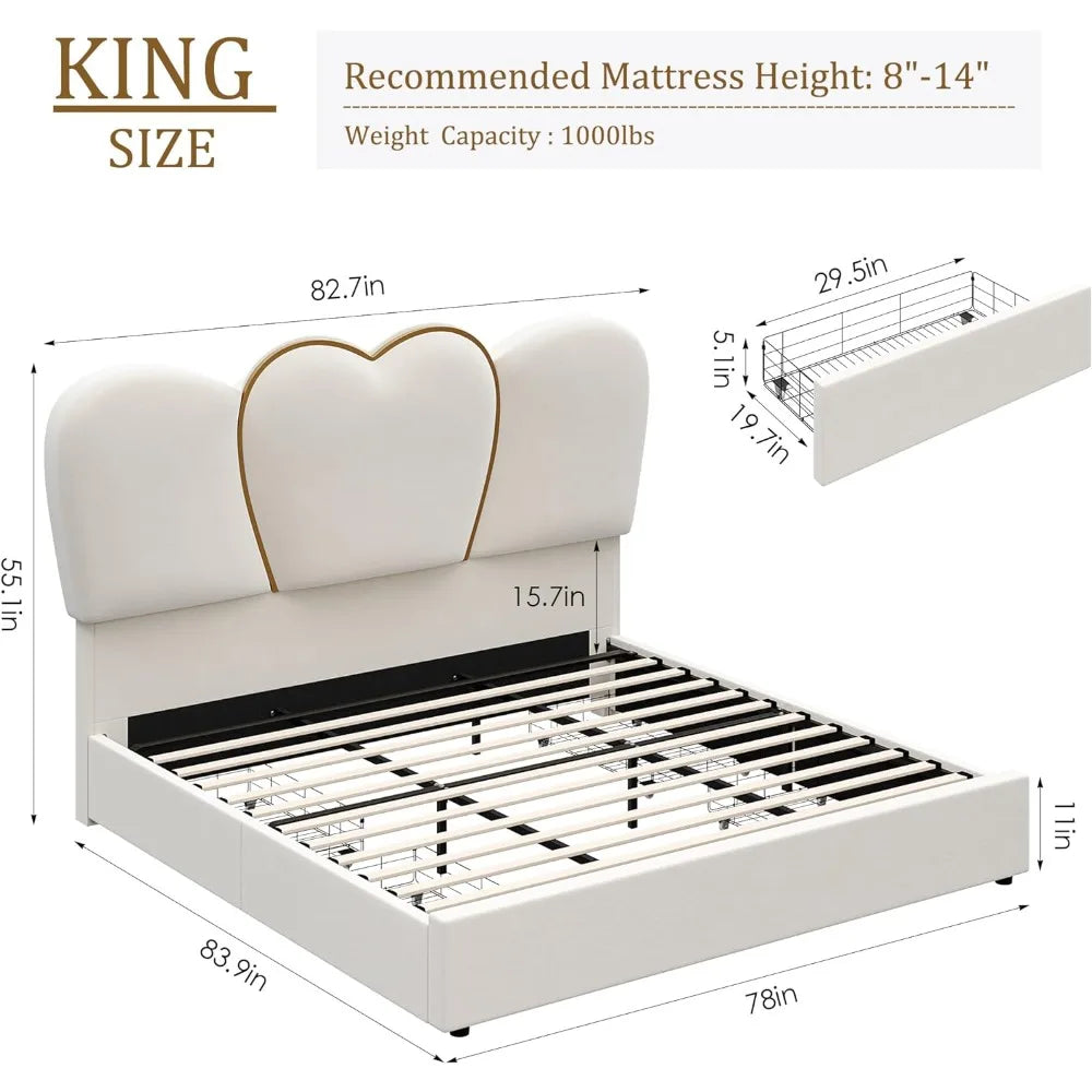 Modern Beige Bed Frame with Heart-Shaped Headboard and LED Lights