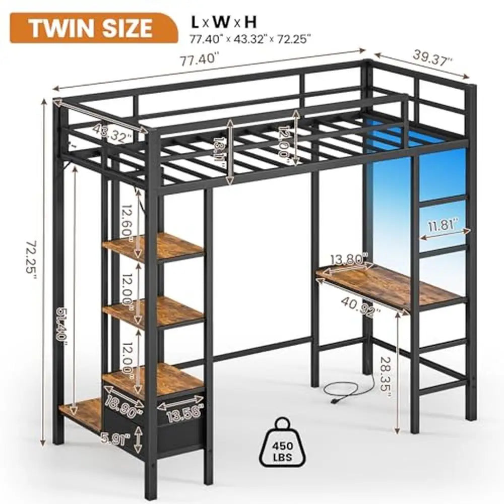 Twin Size Loft Bed with Desk and Charging Station