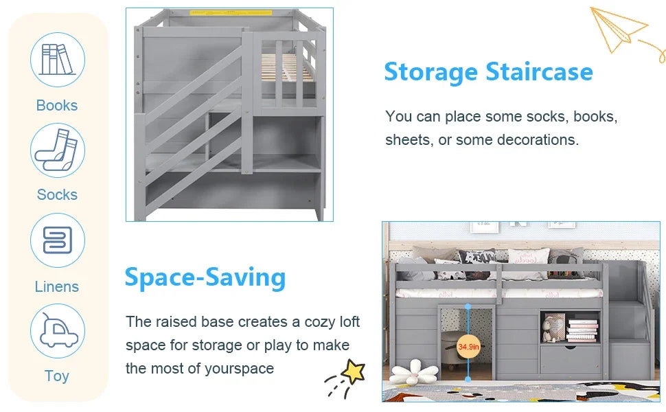 Modern Twin Low Loft Bed with Storage and Playhouse Structure - Solid and Spacious Bunk Bed for Kids