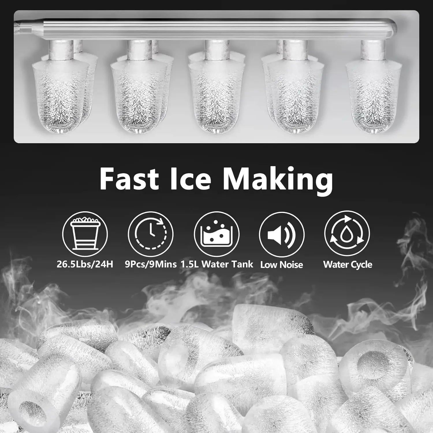 NEW Ice Makers Countertop, 9 Thick Bullet  Ready in 6-9 Mins 26.5 Lbs in 24Hrs Portable  Maker with Ice Scoop and Basket USA